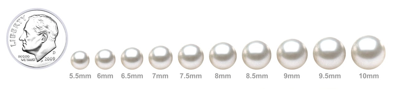 Japanese Akoya Pearl Sizes From 5.5mm to 10mm next to a Dime