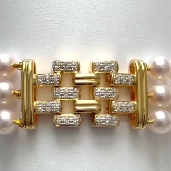 Triple-Strand Akoya Pearl and Diamond Bracelet