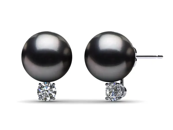 14K White Gold Diamond & Dark Black Tahitian Pearl Grace Earring