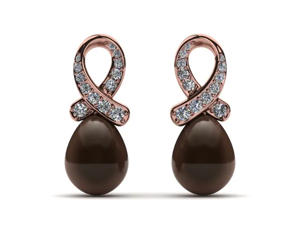 14K White Gold Diamond & Freshwater Mocha Pearl Pink Ribbon Earring