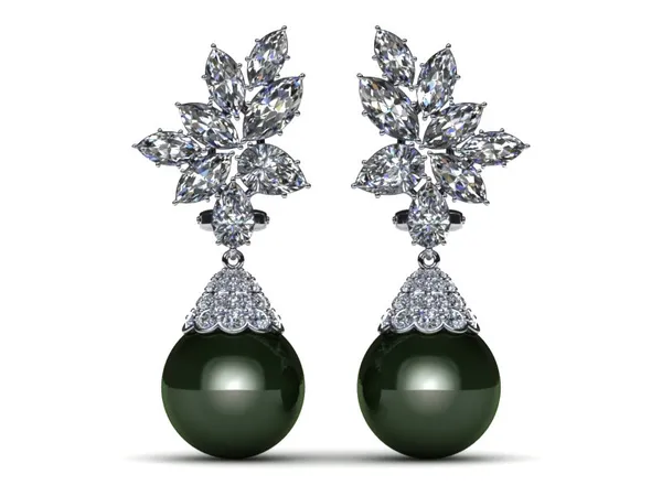 Tahitian Pearl Earring Diamond Cluster with Cap 4.37 carats t.d.w.