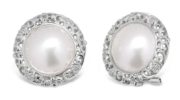 Mabe Pearl and Diamond Earrings set in 14K White Gold