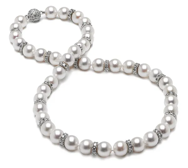 7.5 x 8 mm Japanese Akoya Cultured Pearl and Diamond Rondell Necklace - every two pearls