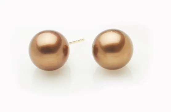 10mm Freshwater Mocha Earring set in 14K Yellow Gold