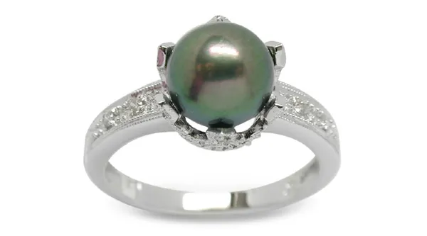Romana a Black Bodycolor Japanese Akoya Cultured Pearl Ring