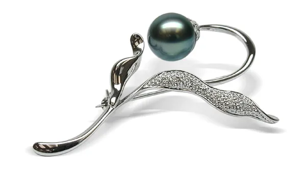 Tulip Black Tahitian South Sea Pearl Brooch
