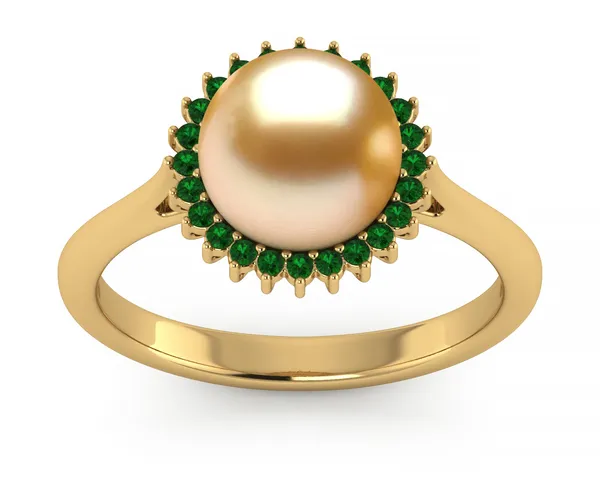 Golden Pearl Sunflower Ring with Emeralds