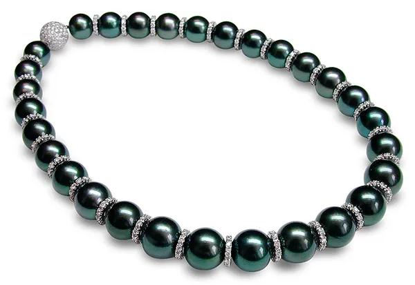 12 x 14mm Black Tahitian Cultured Pearls with Rondell and Diamond Ball Clasp Necklace - 16 inches