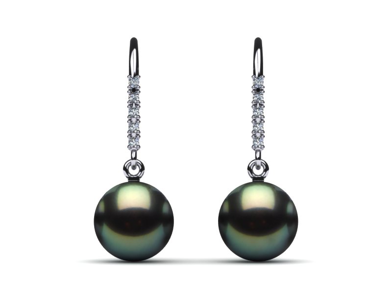 Sterling Silver Diamond & Black Green Tahitian Pearl Sheperds Hook Earring