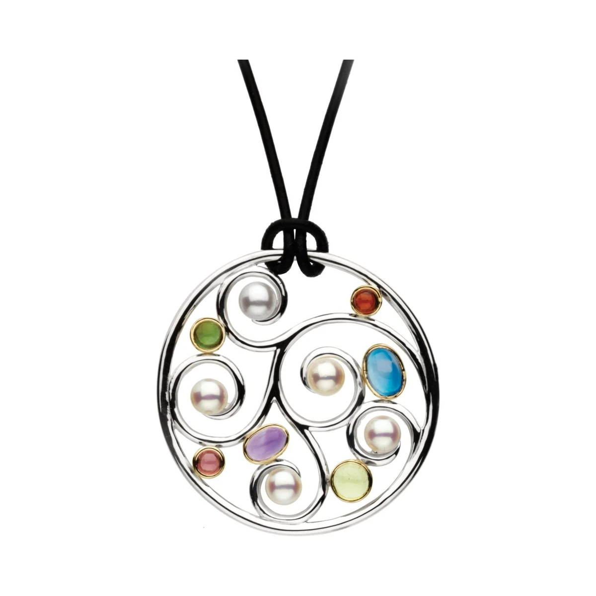 Freshwater Pearl & Gemstone Scroll Medallion Necklace