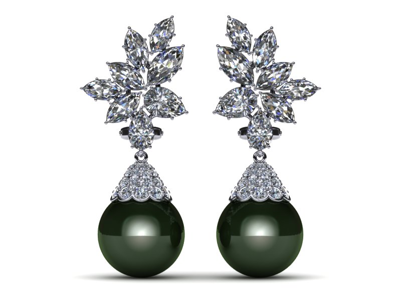 Tahitian Pearl Earring Diamond Cluster with Cap 4.37 carats t.d.w.