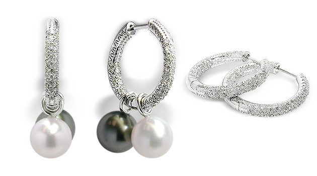 Micro Pave Hoop Earrings with White or Black South Sea Cultured Pearls