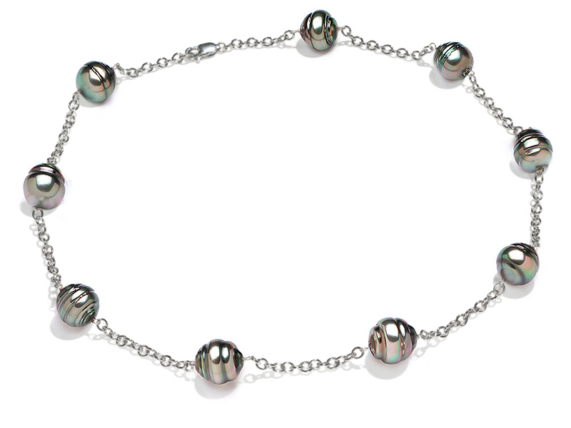 10 x 11mm Black Tahitian Ringed Baroque Cultured Pearl Tin Cup Necklace