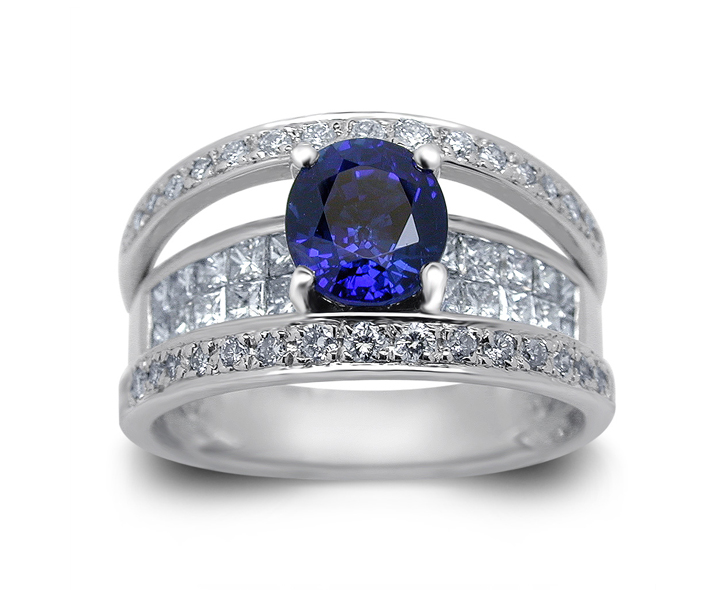 Platinum Blue Sapphire Ring w/1.20cttw. Diamonds