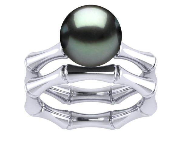Tahitian Pearl Bamboo Engagement Ring and Wedding Band Set