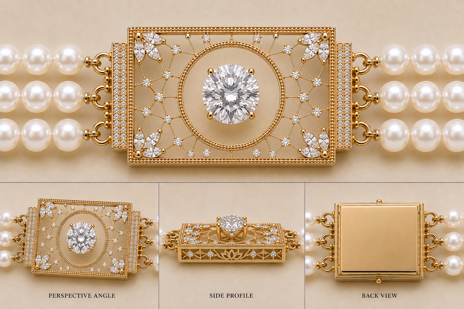 Design concept — a gold lattice diamond clasp with a round brilliant center and marquise accents, on a double strand of pearls (perspective, side, and back views)